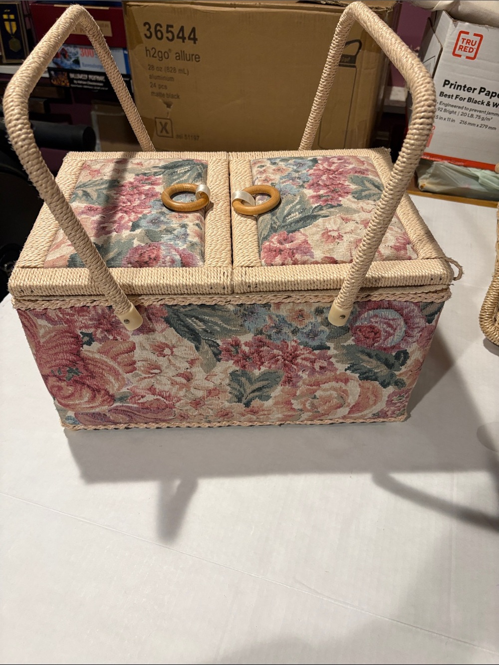 Azar Floral Pink and Green Woven Sewing Basket with Dual Handles